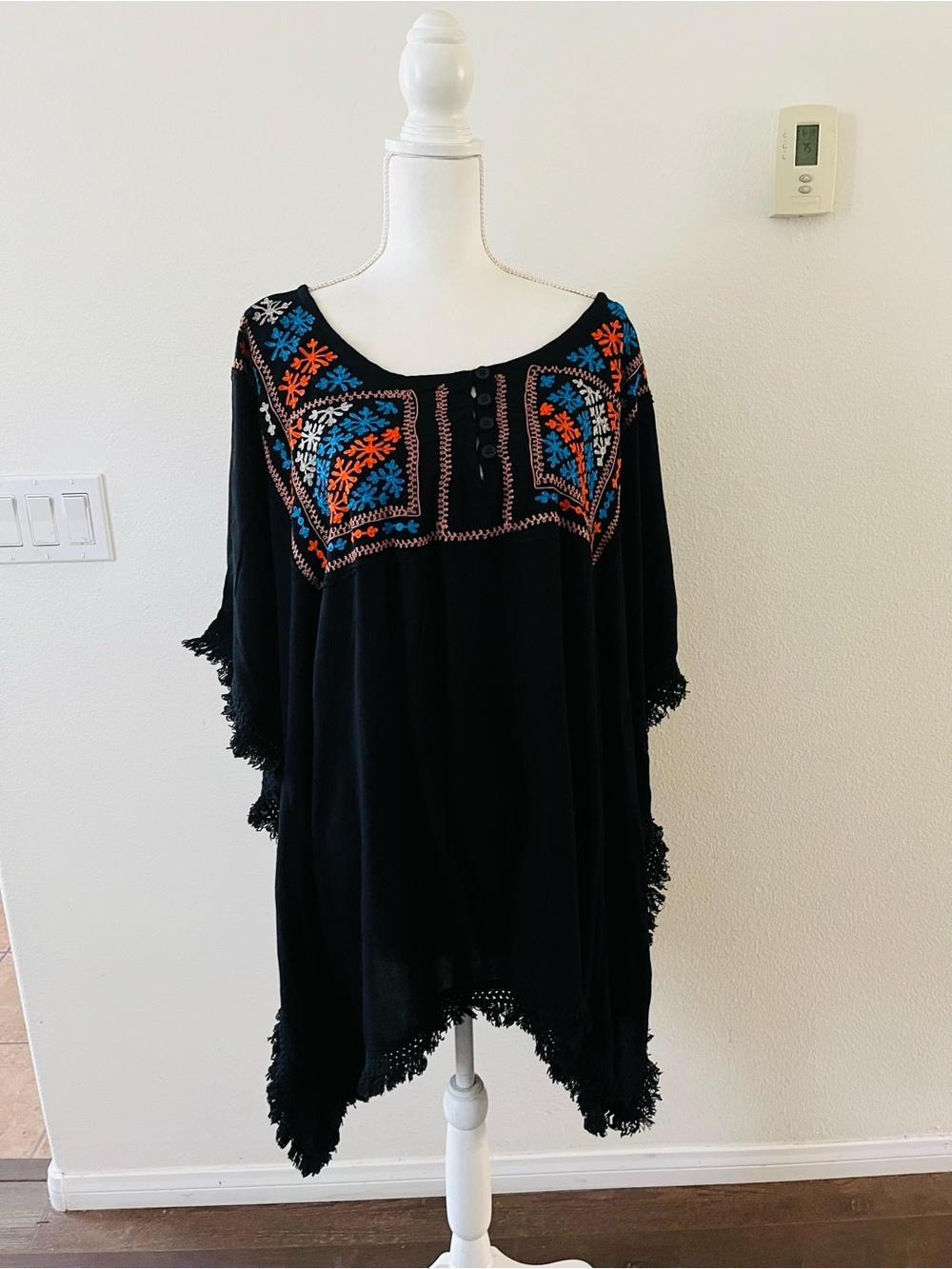 Black Embroidered Boho Poncho Top with Fringe